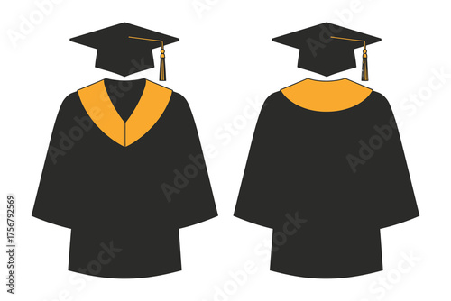 Vector illustration of a traditional academic graduation gown and cap with a gold stole, presented in both front and back views, symbolizing achievement, ceremony, and educational success
