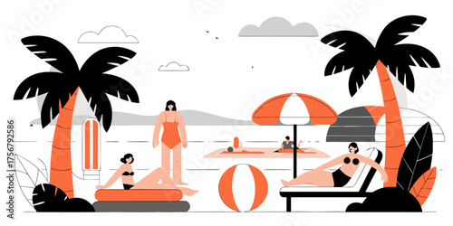 Relaxing Beach Scene with Sunbathers Swimmers and Palm Trees Flat Vector Illustration Tranquil Summer Vacation by the Sea Under the Shade Enjoying Beach Holiday