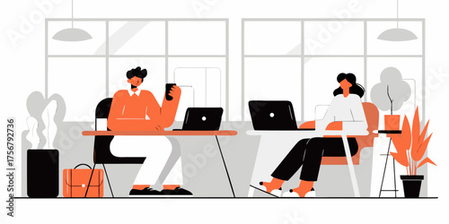 Office Coworkers Collaboration Flat Vector Illustration Teamwork in Modern Workspace Individuals Working Together on Laptop Computer Corporate Environment