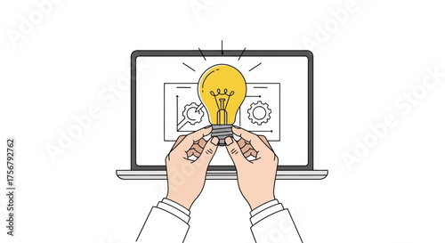 Conceptual Idea Hands Holding Light Bulb in Front of Laptop, Innovation, Technology