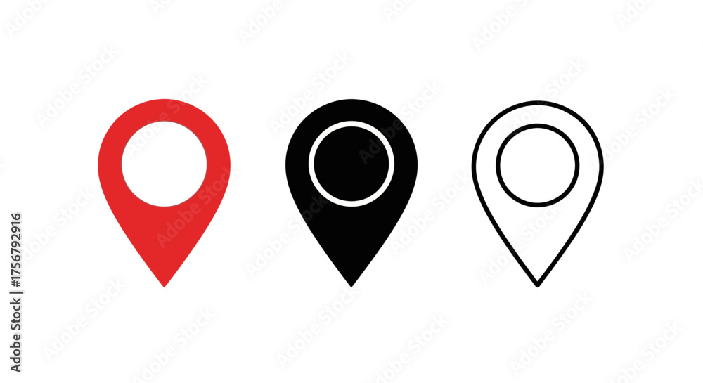 Fototapeta premium Collection of three distinct map marker icons, showcasing variations in color and style for location identification purposes