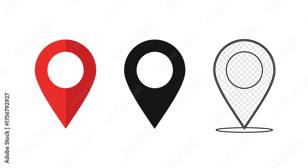 Fototapeta premium Versatile digital location pin icons in various styles, including solid and outline, for precise geographic mapping, navigation, and point of interest representation across web and mobile applications