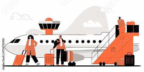 Modern Airport Scene with Plane, Passengers, and Stairway Vector Art: Global Transportation, Business Travel, and Aviation Industry Illustration