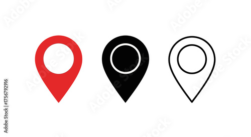 Collection of three distinct map marker icons, showcasing variations in color and style for location identification purposes