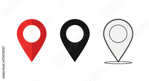 Versatile digital location pin icons in various styles, including solid and outline, for precise geographic mapping, navigation, and point of interest representation across web and mobile applications