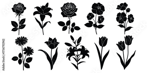 Collection of black silhouette floral illustrations including roses, lilies, tulips, and daisies on a white background