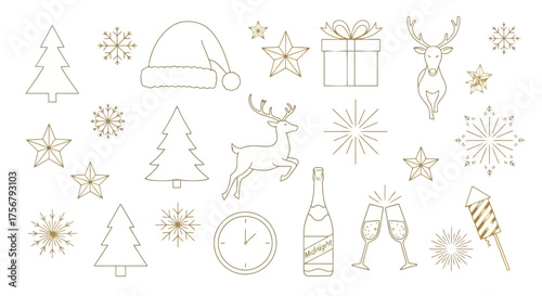 Elegant Golden Line Art Collection for Festive Christmas and New Year Celebrations, Featuring Winter Holiday Symbols and Decorative Graphic Elements for Seasonal Design Projects