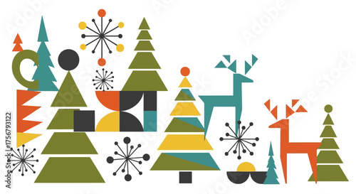 Festive Holiday Geometric Trees and Reindeer Illustration for Seasonal Greetings