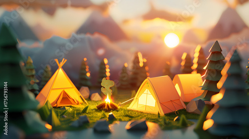 Fototapeta Naklejka Na Ścianę i Meble -  3d isometric low poly view of a campsite in the middle of the forest
