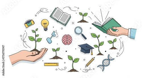 Visualizing the journey of knowledge and innovation hands nurturing growth, surrounded by symbols of science, education, and insightful ideas, fostering continuous development