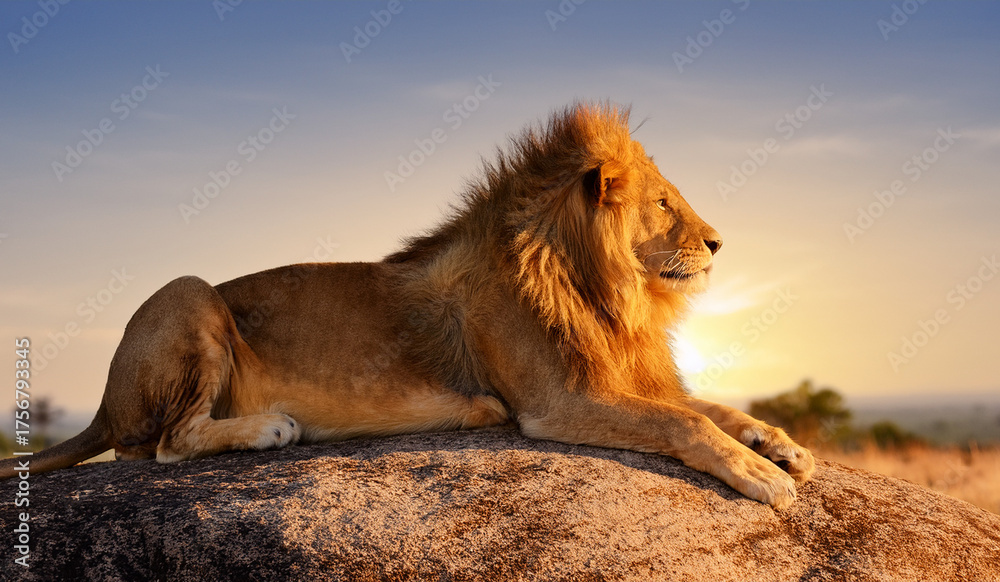 custom made wallpaper toronto digitalMajestic male lion rests on a rock at sunset, showcasing its glorious mane and regal presence under the golden African sky