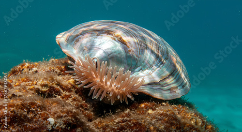 Close-up of a noble pen shell, a large bivalve mollusk, showing its iridescent surface and intricate structure on an algae-covered seabed in clear ocean water
