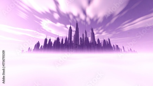 Purple Cityscape Silhouette Above the Clouds.