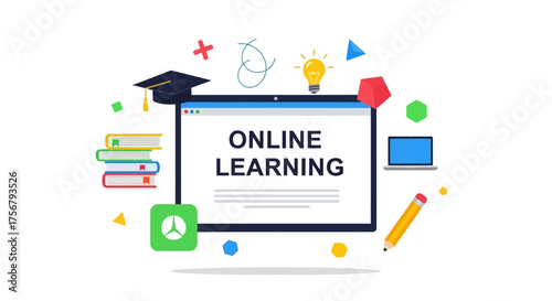 Colorful Online Learning Graphic Design with Educational Icons and Tablet