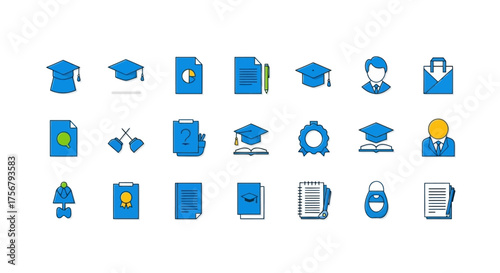 Comprehensive Set of Academic and Graduation Icons Featuring Learning, Diploma, Student, and Knowledge Symbols for Education-Related Projects and Professional Development Themes