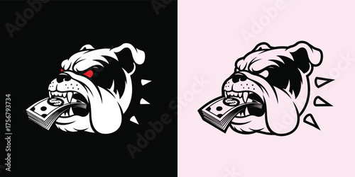 Aggressive bulldog head with red eyes, biting down on a stack of money, presented on black and pink backgrounds.