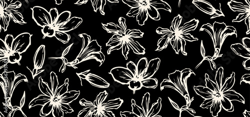 Abstract Line Drawing Flowers Seamless Pattern. Abstract Flower Minimalist Contour Drawing Print Template. Vector Sketch Line Drawing of Simple Flowers. Hand Drawn Floral Sketch Background.