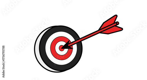 Flat design illustration of a red arrow hitting the center bullseye of a target, a concept for achieving business goals, accuracy, and success
