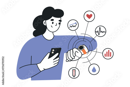 Woman using smartwatch and holding smartphone, smart watch flat cartoon vector illustration for health, fitness and technology design, wearable device showing pulse, temperature, ECG and data charts