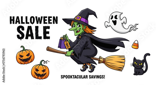 Thrilling Halloween Sale Event Featuring a Flying Witch, Friendly Ghosts, and Jack-o'-Lanterns for Festive Discounts and Spooky Savings