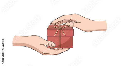 Hands carefully exchanging a small red gift box with twine.