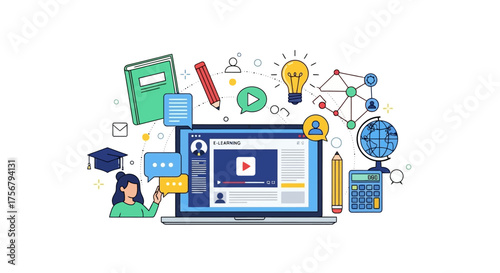 Online Education and E-learning Concept with Laptop and Study Icons.