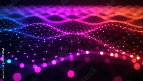 Vibrant Digital Waveform with Glowing Particles and Abstract Light Trails.
