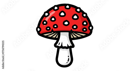Cartoon Fly Agaric Mushroom with Red Cap and White Spots.