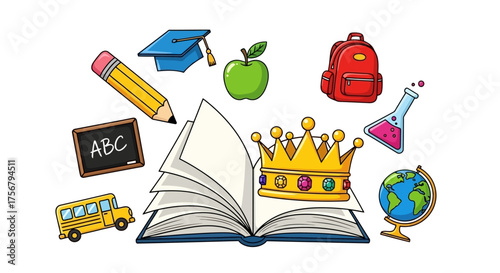 Open Book With Crown And School Supplies Education Theme.