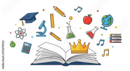 Open Book with Crown and School Supplies Floating Around.