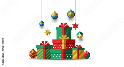 Vibrant Christmas Gift Boxes and Ornaments Festive Holiday Celebration.