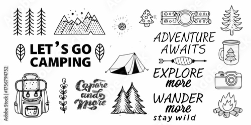 Collection of hand drawn camping and adventure elements with inspirational quotes for outdoor enthusiasts