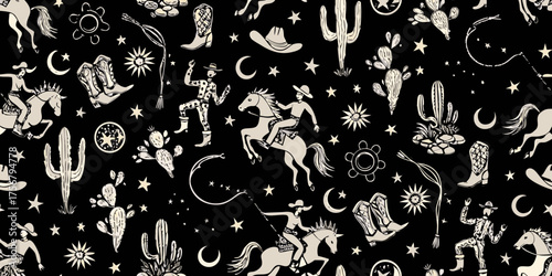 Whimsical western cowboy and cowgirl pattern with cacti horses boots and stars on black