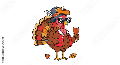 Cool Thanksgiving Turkey Character Holding a Drink and Wearing Sunglasses.