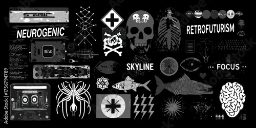 Retro futurism collage of sci fi and biological elements with text overlays