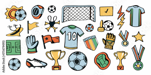 Collection of hand drawn soccer elements including balls trophies jerseys and equipment on a white background