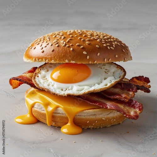 That is a mouth-watering image of a **breakfast sandwich**!

It appears to be made with a **sesame seed bun** and stacked with:

* **Crispy bacon**
* **Melted cheese** (which is delightfully dripping)
