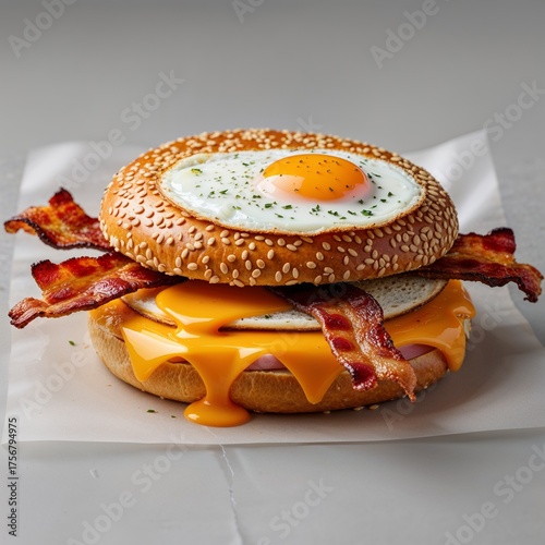 That is a mouth-watering image of a **breakfast sandwich**!

It appears to be made with a **sesame seed bun** and stacked with:

* **Crispy bacon**
* **Melted cheese** (which is delightfully dripping)