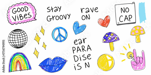 Collection of colorful hand drawn doodles and text elements including good vibes peace sign hearts mushrooms and disco ball