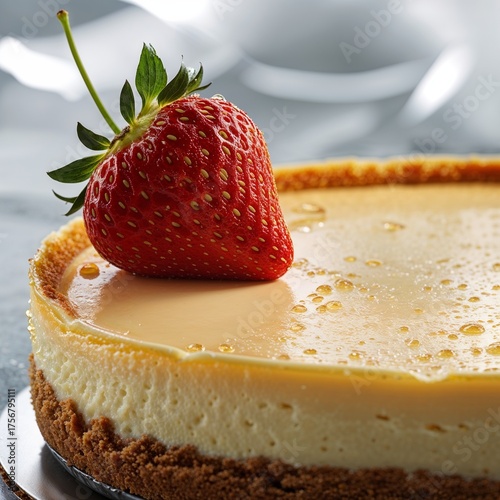 Caramel Drizzle Cheesecake with Fresh Strawberry 
Decadent Cheesecake Topped with Caramel and a Single Strawberry 
Golden Cheesecake Perfection strawberry