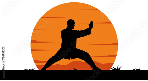 Silhouette of a martial artist practicing karate stances against a vibrant orange sunset and stylized horizon with grass isolated on white background