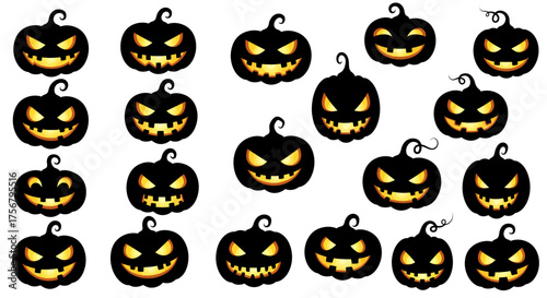Collection of spooky jack-o'-lanterns with glowing faces perfect for halloween decorations and festive autumn themes isolated on white background