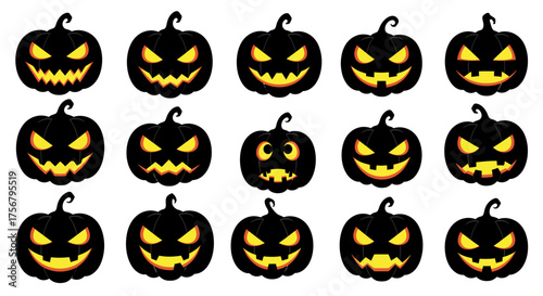 Collection of spooky jack-o'-lantern faces with glowing orange eyes for halloween decor and seasonal celebrations isolated on white background