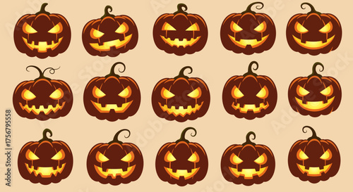 Spooky jack o lantern collection for halloween festive decorations glowing faces carved pumpkins autumn celebration harvest season scary ambiance isolated on white background