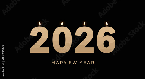 Golden 2026 new year celebration candles glowing with warm light sparkle festive typography for upcoming holiday season wishes isolated on white background