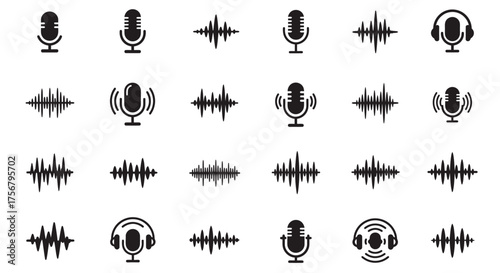 Collection of audio waveform and microphone icons representing sound recording broadcast and digital audio technology for media projects isolated on white background