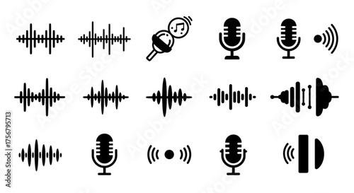 Collection of diverse sound waveforms and microphone icons representing audio recording broadcast and digital sound technology for creative projects isolated on white background