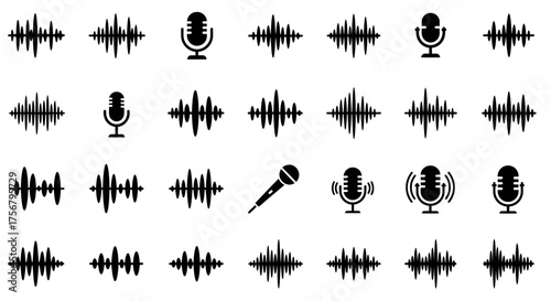 Diverse collection of audio waveforms and microphones representing sound recording music production broadcasting and digital audio technology concepts isolated on white background