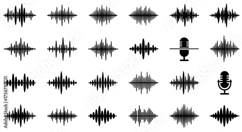 Collection of diverse sound waveforms and microphone icons representing audio signal technology and voice recording elements isolated on white background