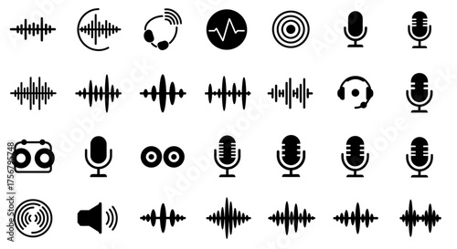 Collection of diverse audio icons representing sound waves microphones headphones and recording devices for music and broadcast applications isolated on white background